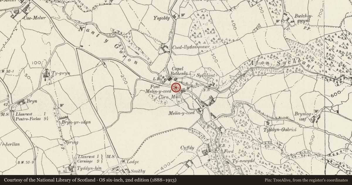 Ordnance Survey six-inch map, 2nd edition (1888–1913) covering the location of Road Bridge 60m E of Melin-y-Coed Bridge, Bro Garmon, Conwy, with a pin at the register's coordinates