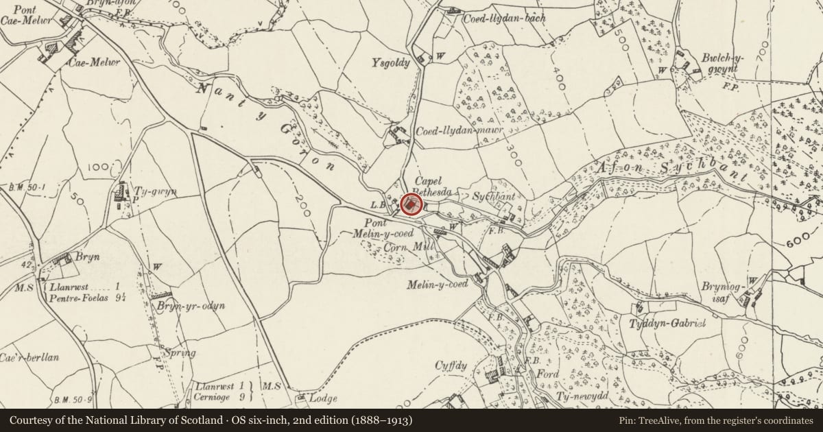 Ordnance Survey six-inch map, 2nd edition (1888–1913) covering the location of Bethel Chapel, Bro Garmon, Conwy, with a pin at the register's coordinates