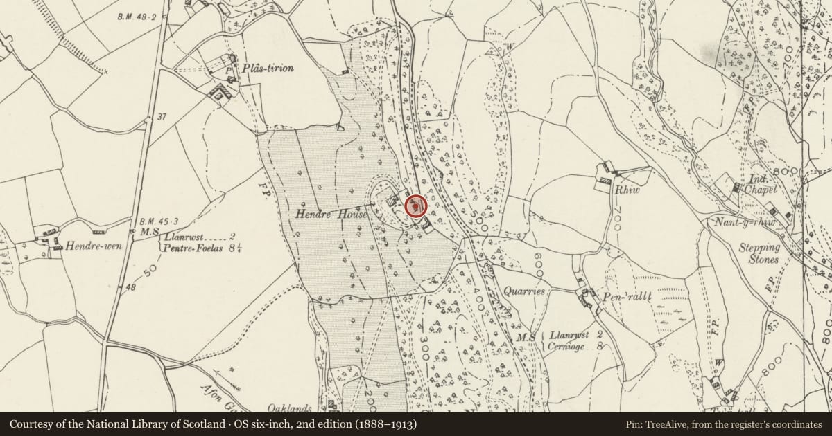 Ordnance Survey six-inch map, 2nd edition (1888–1913) covering the location of Stable Block at Hendre House, Bro Garmon, Conwy, with a pin at the register's coordinates