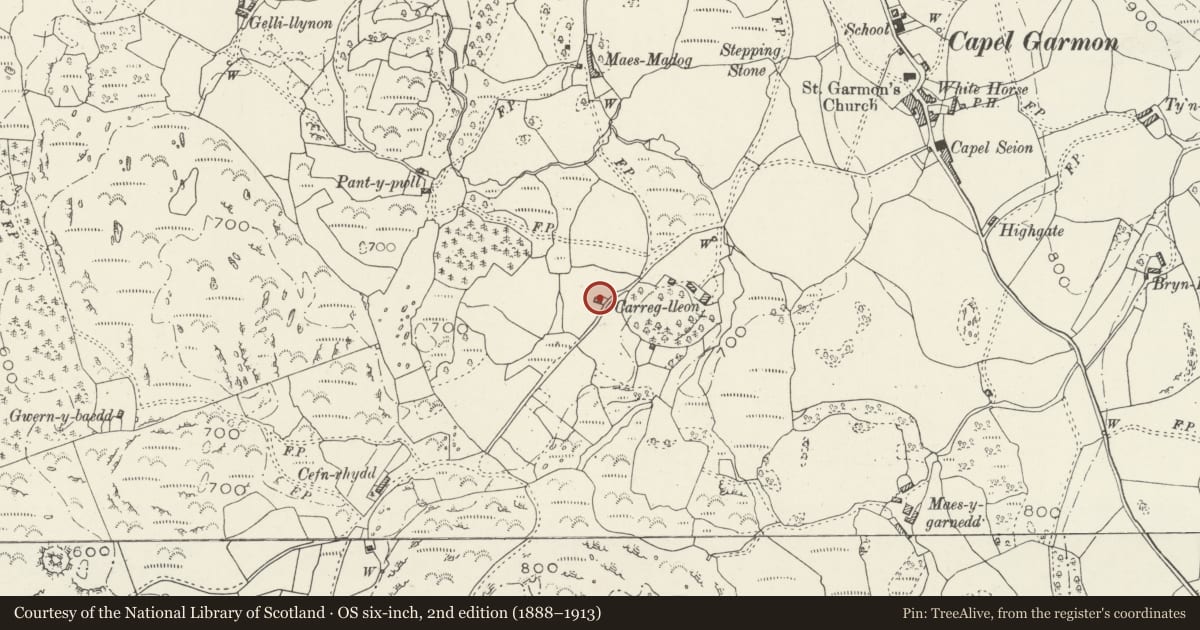 Ordnance Survey six-inch map, 2nd edition (1888–1913) covering the location of Field Barn W of Carreg Lleon, Bro Garmon, Conwy, with a pin at the register's coordinates