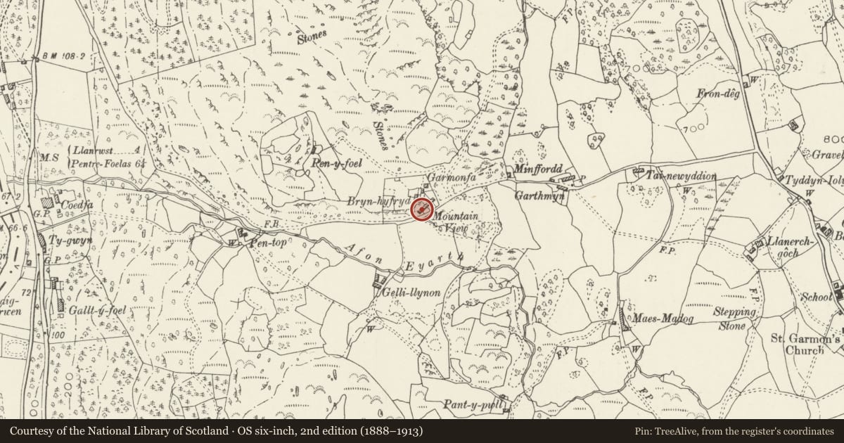 Ordnance Survey six-inch map, 2nd edition (1888–1913) covering the location of 1 Mountain View, Bro Garmon, Conwy, with a pin at the register's coordinates