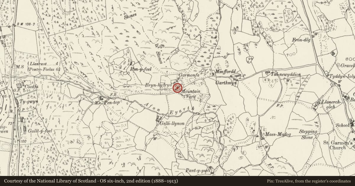 Ordnance Survey six-inch map, 2nd edition (1888–1913) covering the location of 2 Mountain View, Bro Garmon, Conwy, with a pin at the register's coordinates