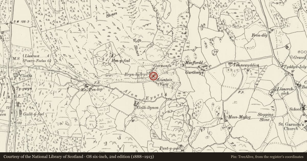 Ordnance Survey six-inch map, 2nd edition (1888–1913) covering the location of 3 Mountain View, Bro Garmon, Conwy, with a pin at the register's coordinates