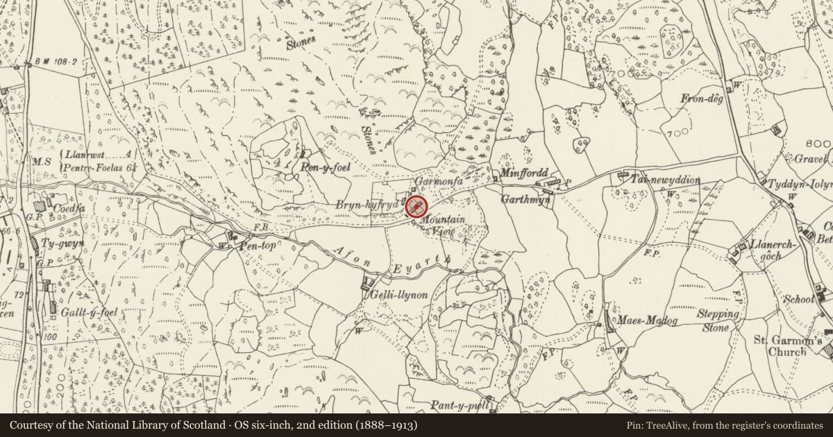 Ordnance Survey six-inch map, 2nd edition (1888–1913) covering the location of 4 Mountain View, Bro Garmon, Conwy, with a pin at the register's coordinates