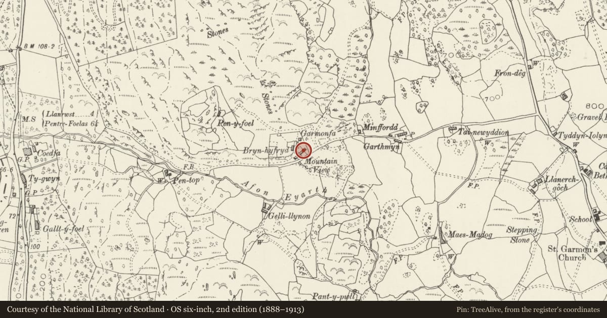 Ordnance Survey six-inch map, 2nd edition (1888–1913) covering the location of 5 Maountain View, Bro Garmon, Conwy, with a pin at the register's coordinates