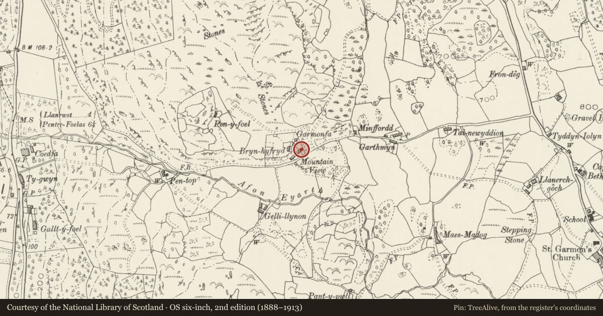 Ordnance Survey six-inch map, 2nd edition (1888–1913) covering the location of 6Mountain View, Bro Garmon, Conwy, with a pin at the register's coordinates