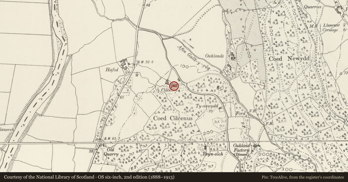 Ordnance Survey six-inch map, 2nd edition (1888–1913) covering the location of Agricultural Range at Cilcennus, Bro Garmon, Conwy, with a pin at the register's coordinates
