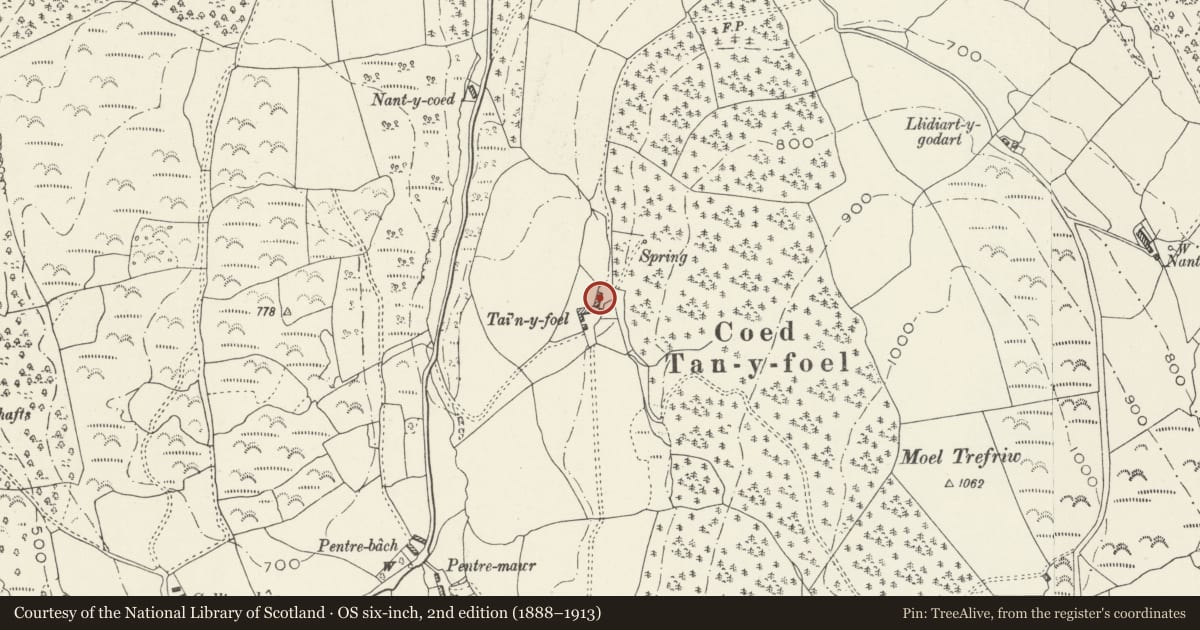 Ordnance Survey six-inch map, 2nd edition (1888–1913) covering the location of Barn at Tan-y-Foel, Bro Garmon, Conwy, with a pin at the register's coordinates