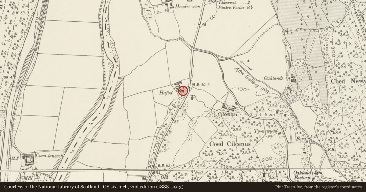 Ordnance Survey six-inch map, 2nd edition (1888–1913) covering the location of Hafod, Bro Garmon, Conwy, with a pin at the register's coordinates