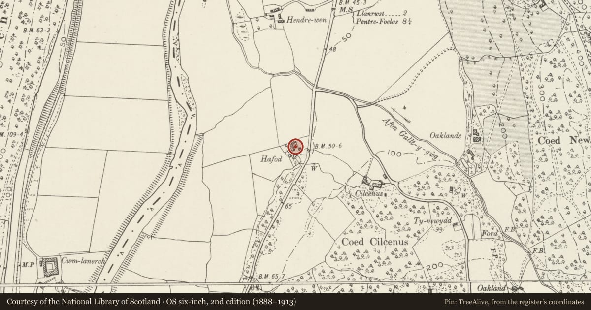 Ordnance Survey six-inch map, 2nd edition (1888–1913) covering the location of Agricultural Range at Hafod, Bro Garmon, Conwy, with a pin at the register's coordinates