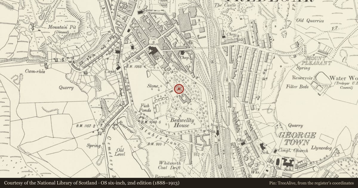 Ordnance Survey six-inch map, 2nd edition (1888–1913) covering the location of Ice House to NW of Bedwellty House, Tredegar, Blaenau Gwent, with a pin at the register's coordinates