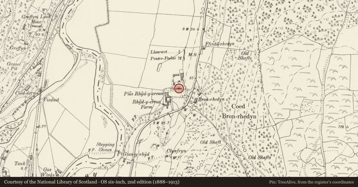Ordnance Survey six-inch map, 2nd edition (1888–1913) covering the location of Agricultural Range at Rhyd-y-Creuau, Bro Garmon, Conwy, with a pin at the register's coordinates