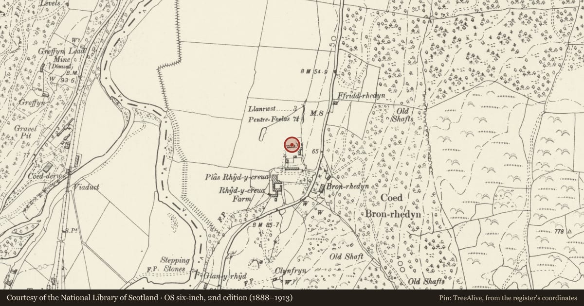 Ordnance Survey six-inch map, 2nd edition (1888–1913) covering the location of Barn at Rhyd-y-Creuau, Bro Garmon, Conwy, with a pin at the register's coordinates