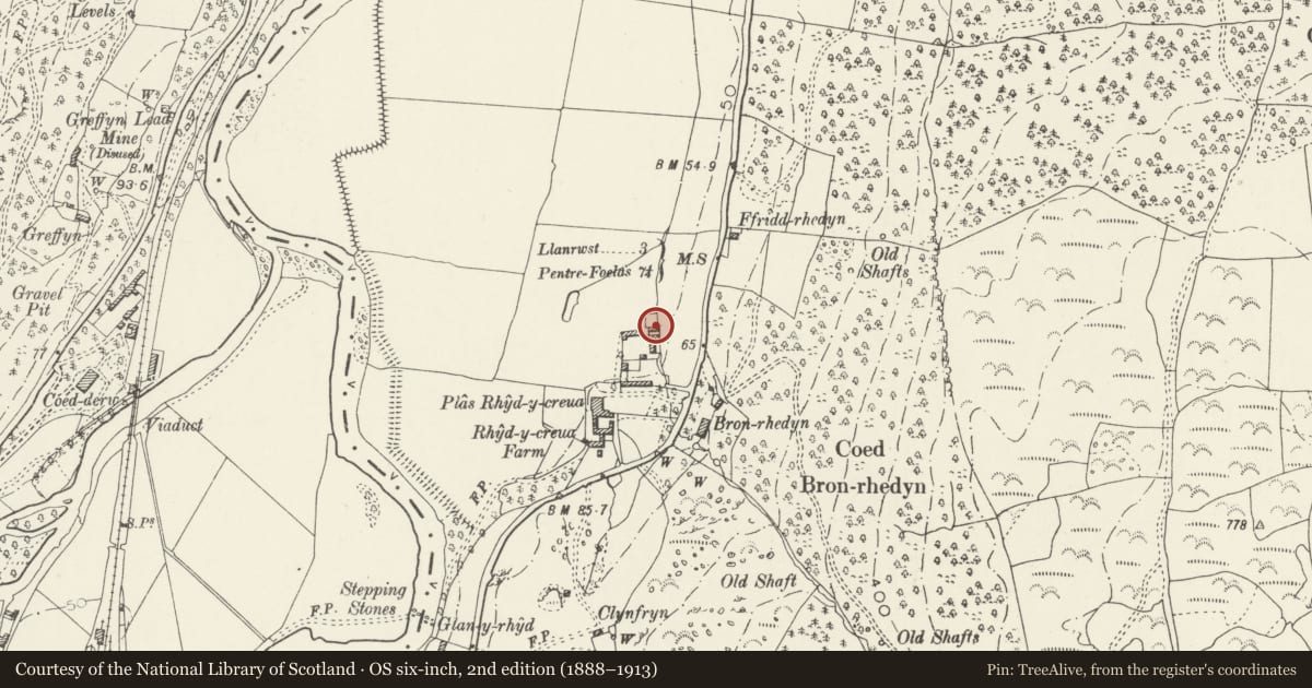 Ordnance Survey six-inch map, 2nd edition (1888–1913) covering the location of Haybarn at Rhyd-y-Creuau, Bro Garmon, Conwy, with a pin at the register's coordinates