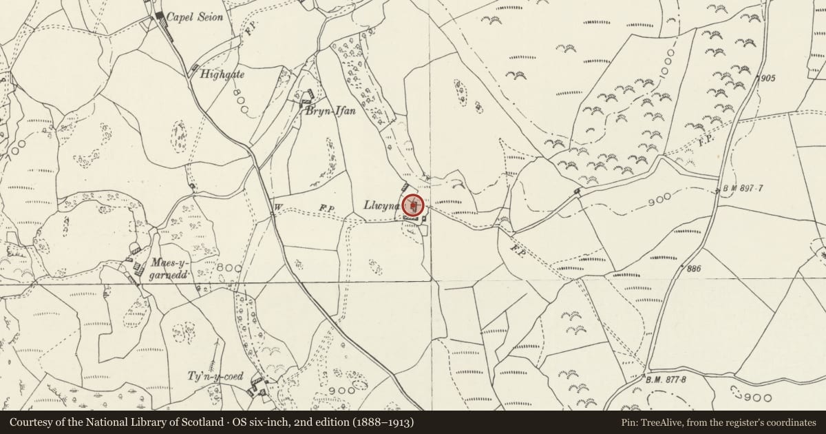 Ordnance Survey six-inch map, 2nd edition (1888–1913) covering the location of Llwynau Farmhouse, Bro Garmon, Conwy, with a pin at the register's coordinates