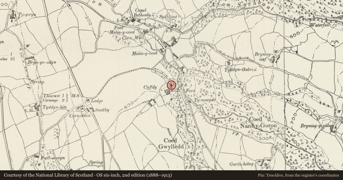 Ordnance Survey six-inch map, 2nd edition (1888–1913) covering the location of Coach House at Cyffdy Hall, Bro Garmon, Conwy, with a pin at the register's coordinates