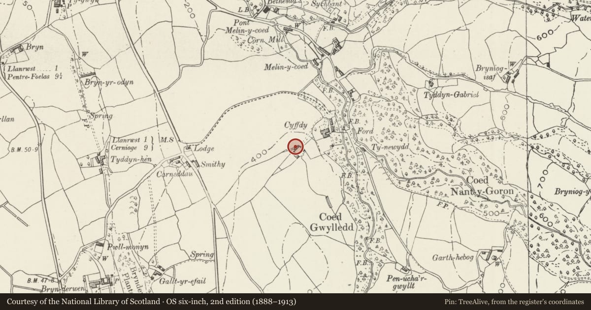 Ordnance Survey six-inch map, 2nd edition (1888–1913) covering the location of Barn to W of Cyffdy Hall, Bro Garmon, Conwy, with a pin at the register's coordinates