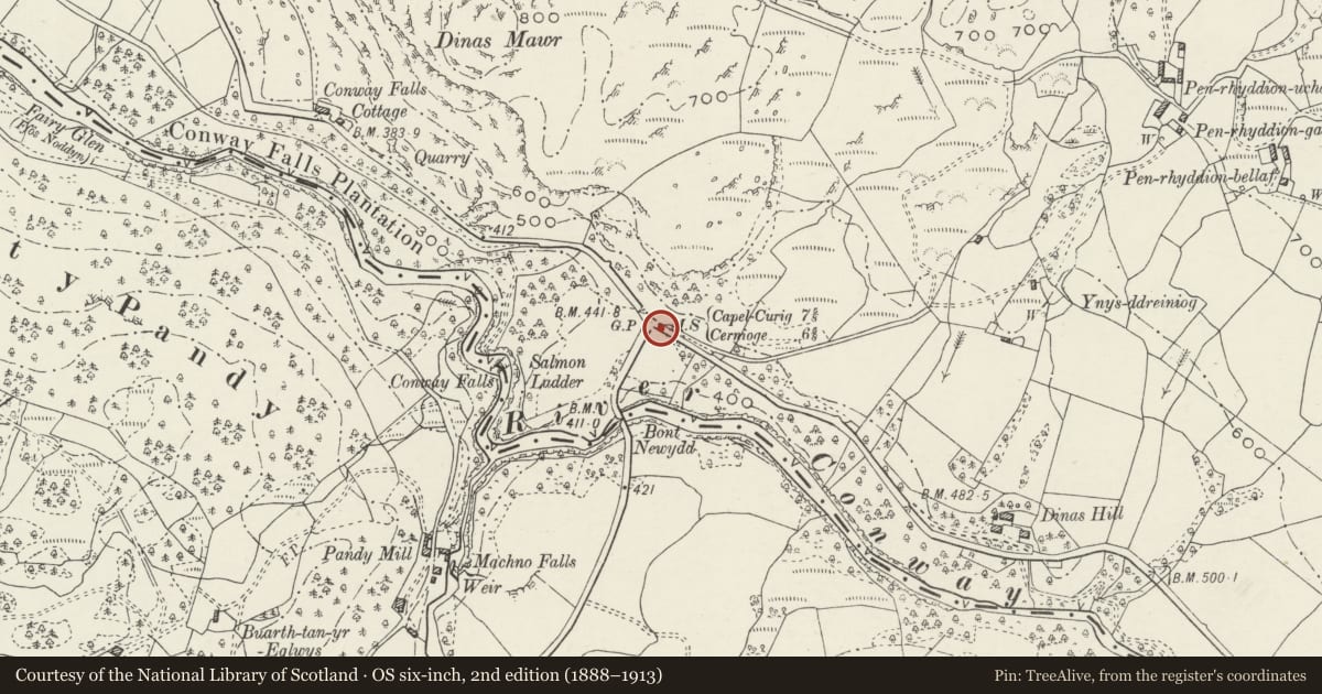 Ordnance Survey six-inch map, 2nd edition (1888–1913) covering the location of Telford Milestone (47), Bro Garmon, Conwy, with a pin at the register's coordinates