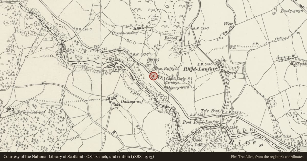 Ordnance Survey six-inch map, 2nd edition (1888–1913) covering the location of Telford Milestone (48), Bro Garmon, Conwy, with a pin at the register's coordinates