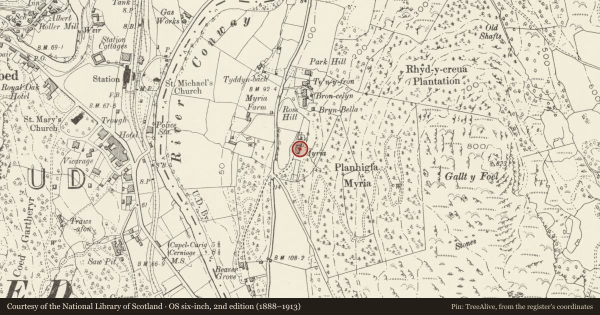 Ordnance Survey six-inch map, 2nd edition (1888–1913) covering the location of Plas Muriau, Bro Garmon, Conwy, with a pin at the register's coordinates