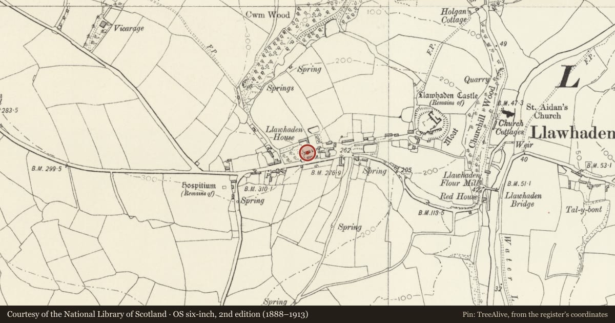 Ordnance Survey six-inch map, 2nd edition (1888–1913) covering the location of Milking Shed at Llawhaden House, Pembrokeshire, with a pin at the register's coordinates