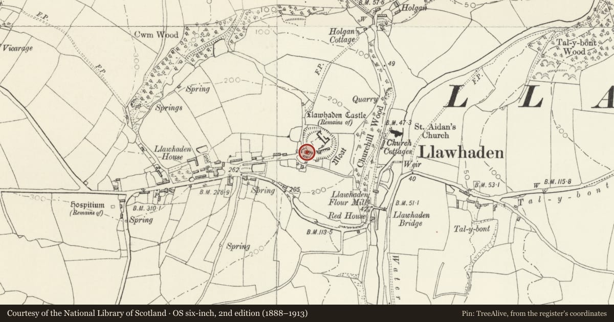 Ordnance Survey six-inch map, 2nd edition (1888–1913) covering the location of Llawhaden Village Pound, Pembrokeshire, with a pin at the register's coordinates