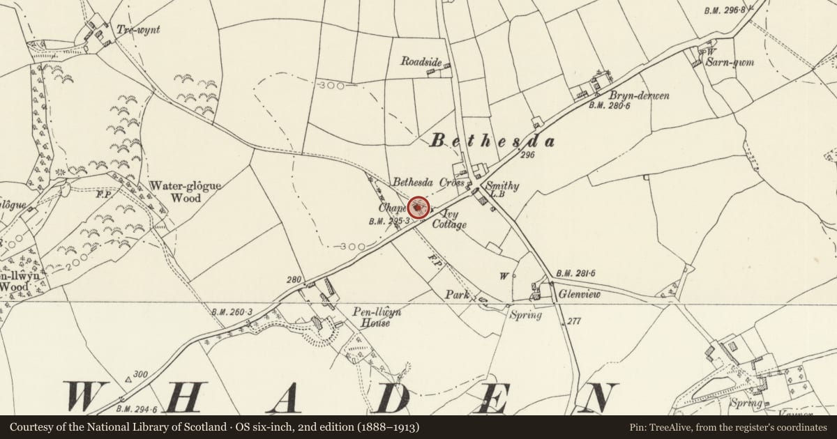 Ordnance Survey six-inch map, 2nd edition (1888–1913) covering the location of Bethesda Congregational Chapel, Llawhaden, Pembrokeshire, with a pin at the register's coordinates