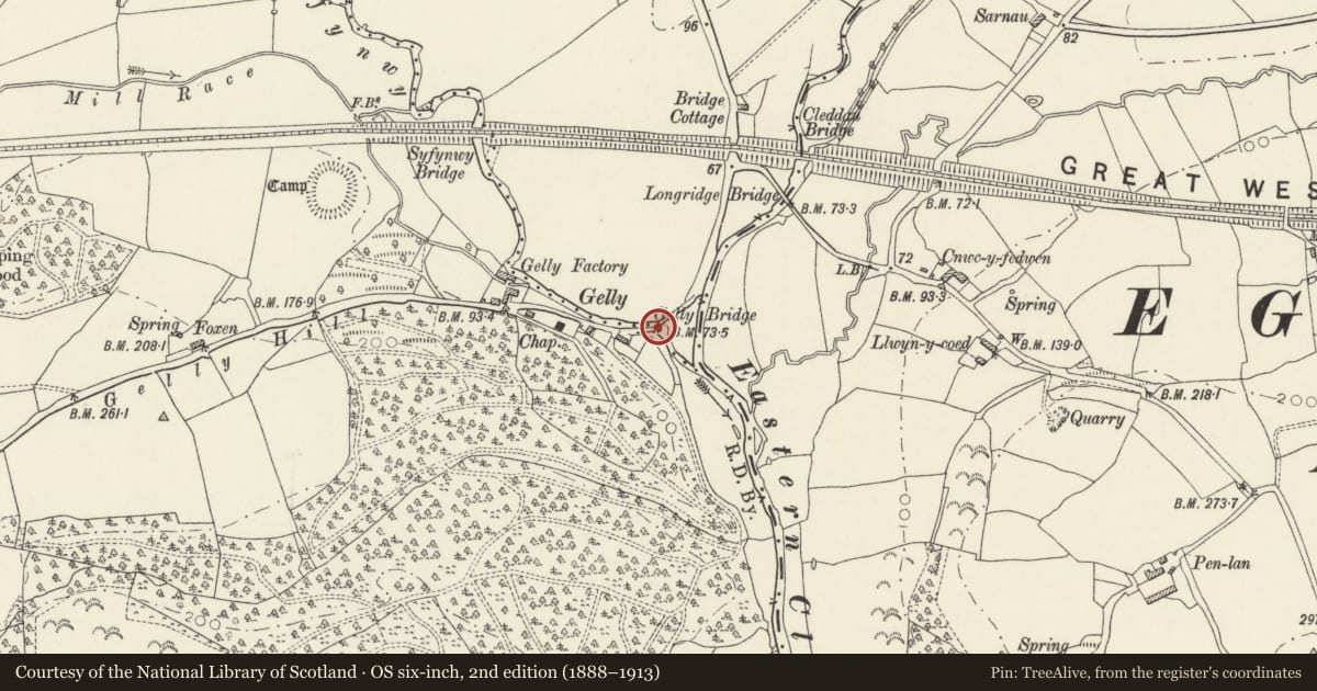 Ordnance Survey six-inch map, 2nd edition (1888–1913) covering the location of Gelli Bridge, Llawhaden, Pembrokeshire, with a pin at the register's coordinates