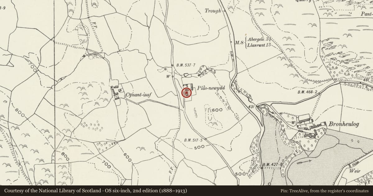 Ordnance Survey six-inch map, 2nd edition (1888–1913) covering the location of Plas Newydd, Llanfair Talhaiarn, Conwy, with a pin at the register's coordinates