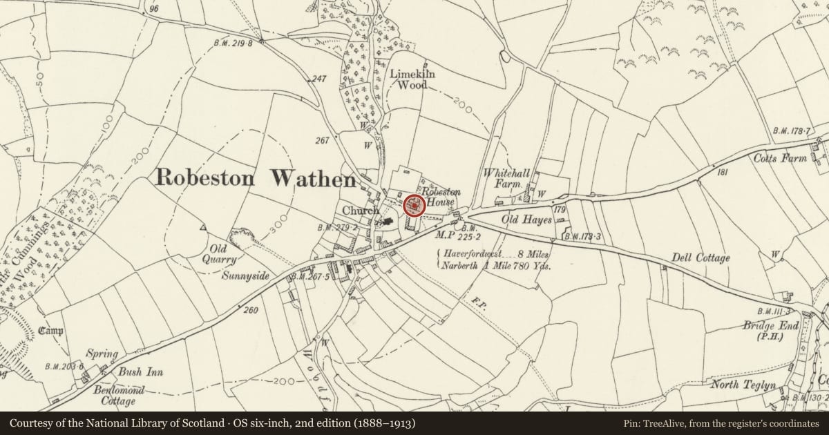 Ordnance Survey six-inch map, 2nd edition (1888–1913) covering the location of Robeston House, Llawhaden, Pembrokeshire, with a pin at the register's coordinates