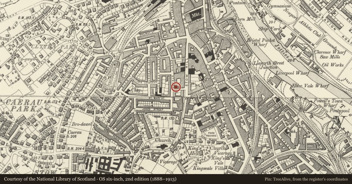 Ordnance Survey six-inch map, 2nd edition (1888–1913) covering the location of Havelock Street Chapel and attached Hall, Stow Hill, Newport, with a pin at the register's coordinates