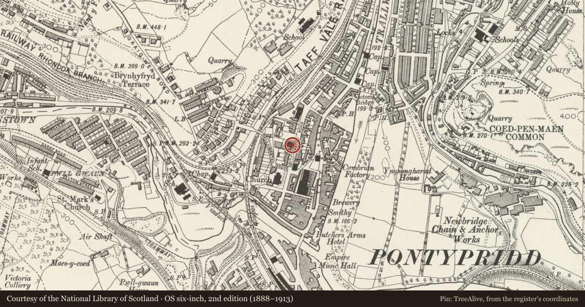 Ordnance Survey six-inch map, 2nd edition (1888–1913) covering the location of St David's Presbyterian Church and Hall, Pontypridd, Rhondda Cynon Taff, with a pin at the register's coordinates