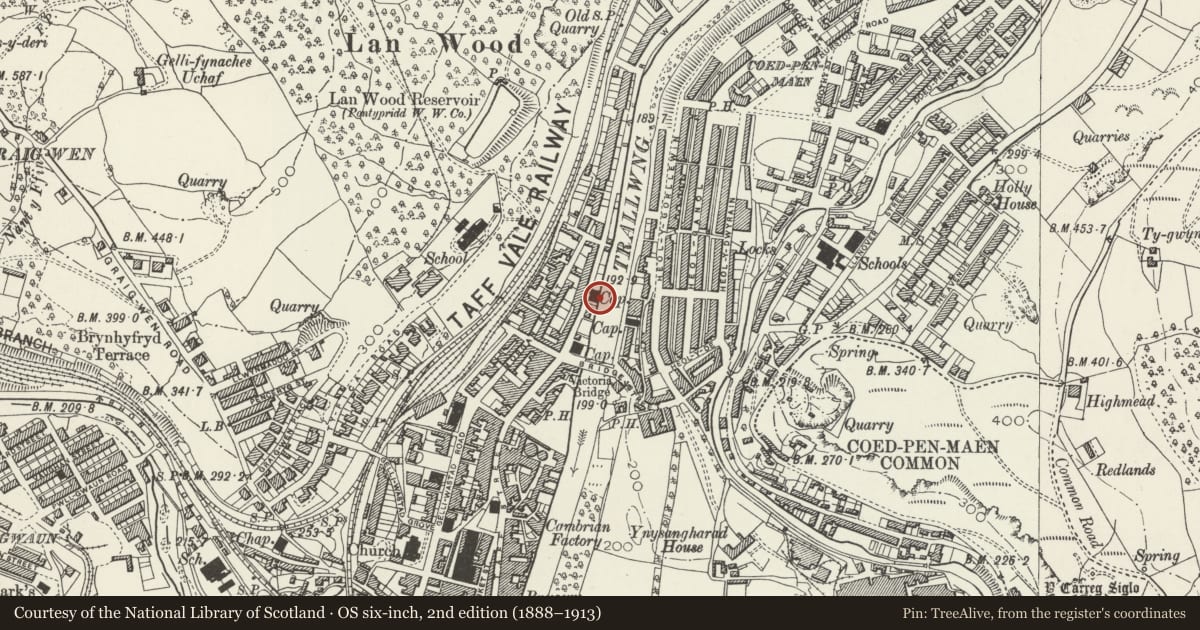 Ordnance Survey six-inch map, 2nd edition (1888–1913) covering the location of Eglwysbach Surgery (formerly Capel Goffa), Pontypridd, Rhondda Cynon Taff, with a pin at the register's coordinates