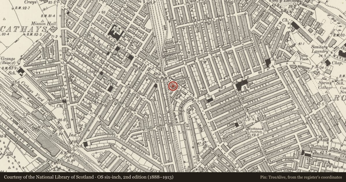 Ordnance Survey six-inch map, 2nd edition (1888–1913) covering the location of Shah Jalal Islamic Cultural Centre (Formerly Methodist Chapel) including forecourt wall and gates, Roath, Cardiff, with a pin at the register's coordinates
