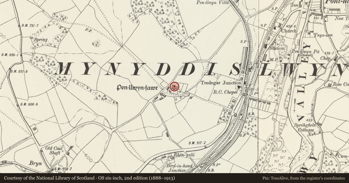 Ordnance Survey six-inch map, 2nd edition (1888–1913) covering the location of Penllwyn, former manor house now Penllwyn Arms public house, Pontllanfraith, Caerphilly, with a pin at the register's coordinates