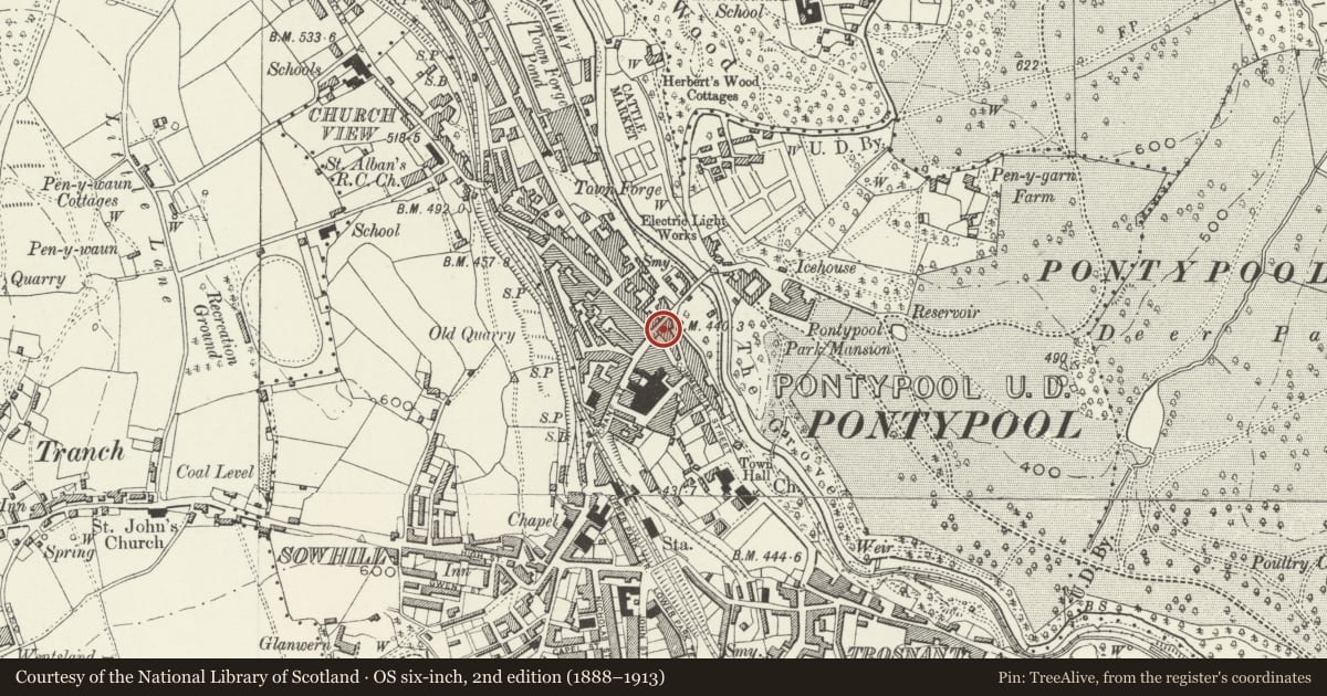Ordnance Survey six-inch map, 2nd edition (1888–1913) covering the location of Midland Bank (including Bank Chambers), Pontymoile, Torfaen, with a pin at the register's coordinates