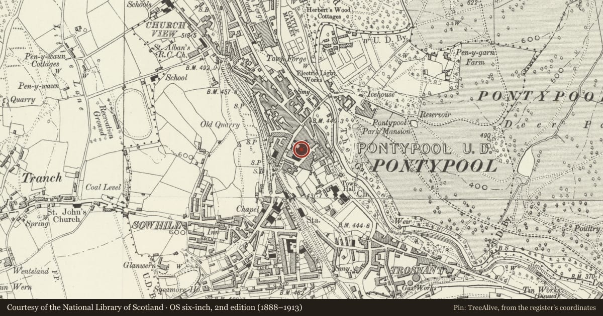 Ordnance Survey six-inch map, 2nd edition (1888–1913) covering the location of Pontypool Market, Pontymoile, Torfaen, with a pin at the register's coordinates
