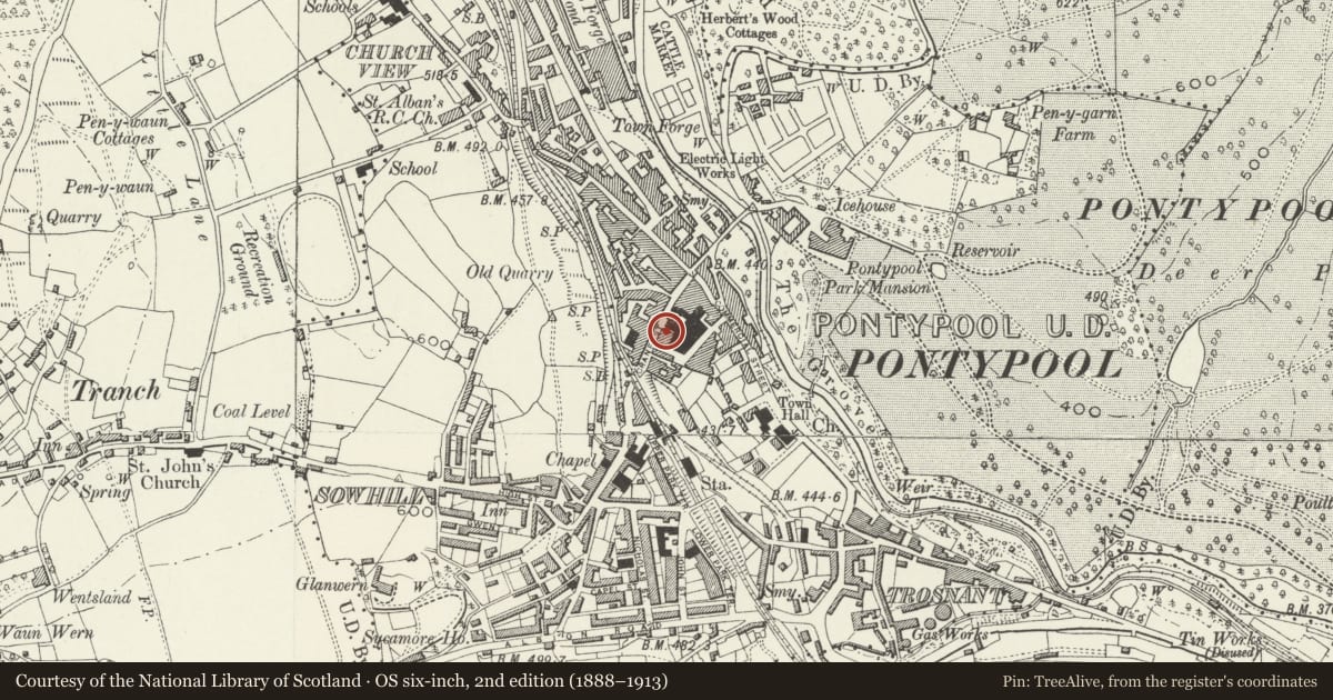 Ordnance Survey six-inch map, 2nd edition (1888–1913) covering the location of Jubilee Building, Pontymoile, Torfaen, with a pin at the register's coordinates