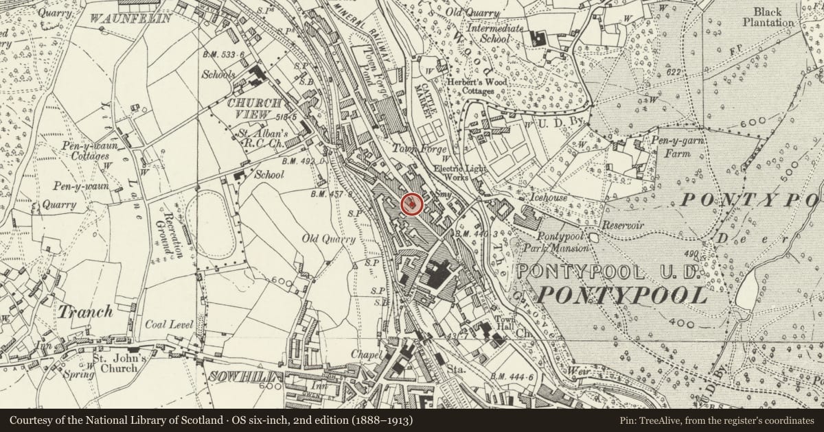 Ordnance Survey six-inch map, 2nd edition (1888–1913) covering the location of National Westminster Bank, Pontymoile, Torfaen, with a pin at the register's coordinates