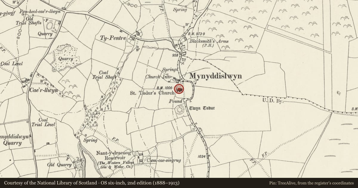 Ordnance Survey six-inch map, 2nd edition (1888–1913) covering the location of Church of St Tudor Mynyddislwyn, Ynysddu, Caerphilly, with a pin at the register's coordinates