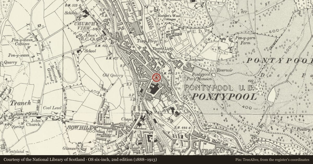 Ordnance Survey six-inch map, 2nd edition (1888–1913) covering the location of The Co-operative Bank, Pontymoile, Torfaen, with a pin at the register's coordinates