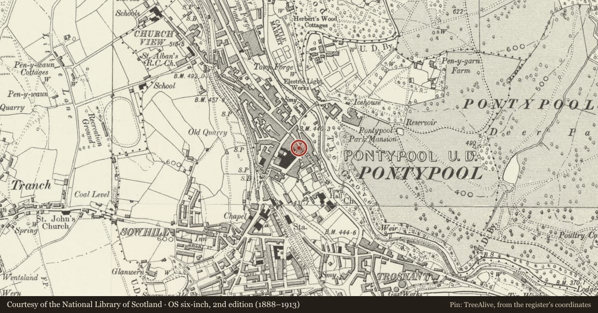 Ordnance Survey six-inch map, 2nd edition (1888–1913) covering the location of The Greyhound PH, Pontymoile, Torfaen, with a pin at the register's coordinates