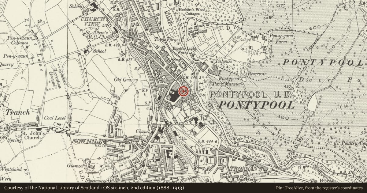 Ordnance Survey six-inch map, 2nd edition (1888–1913) covering the location of The George PH, Pontymoile, Torfaen, with a pin at the register's coordinates