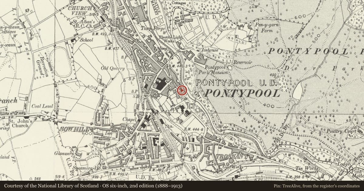 Ordnance Survey six-inch map, 2nd edition (1888–1913) covering the location of 35 Commercial Street, Pontymoile, Torfaen, with a pin at the register's coordinates