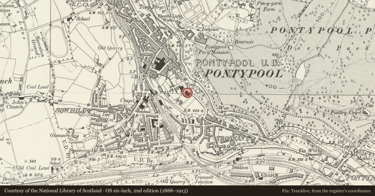 Ordnance Survey six-inch map, 2nd edition (1888–1913) covering the location of St. James's Church, Pontymoile, Torfaen, with a pin at the register's coordinates