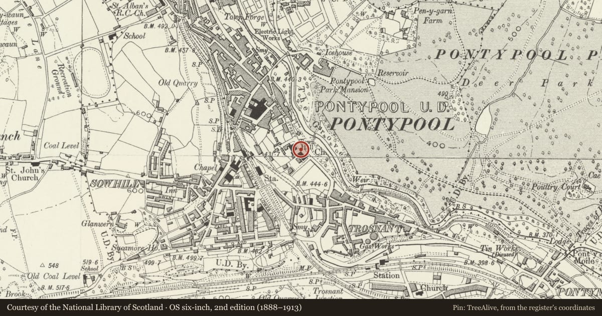 Ordnance Survey six-inch map, 2nd edition (1888–1913) covering the location of Entrance gateway to St.James's Church, Pontymoile, Torfaen, with a pin at the register's coordinates