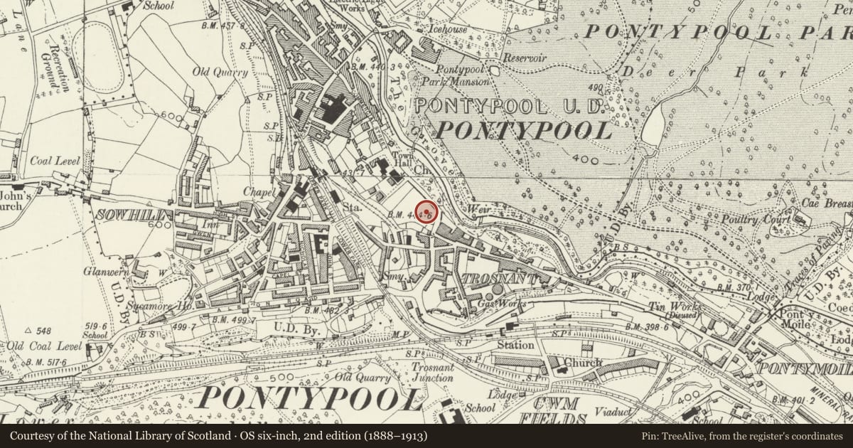 Ordnance Survey six-inch map, 2nd edition (1888–1913) covering the location of Mount Pleasant United Reformed Church, Pontymoile, Torfaen, with a pin at the register's coordinates