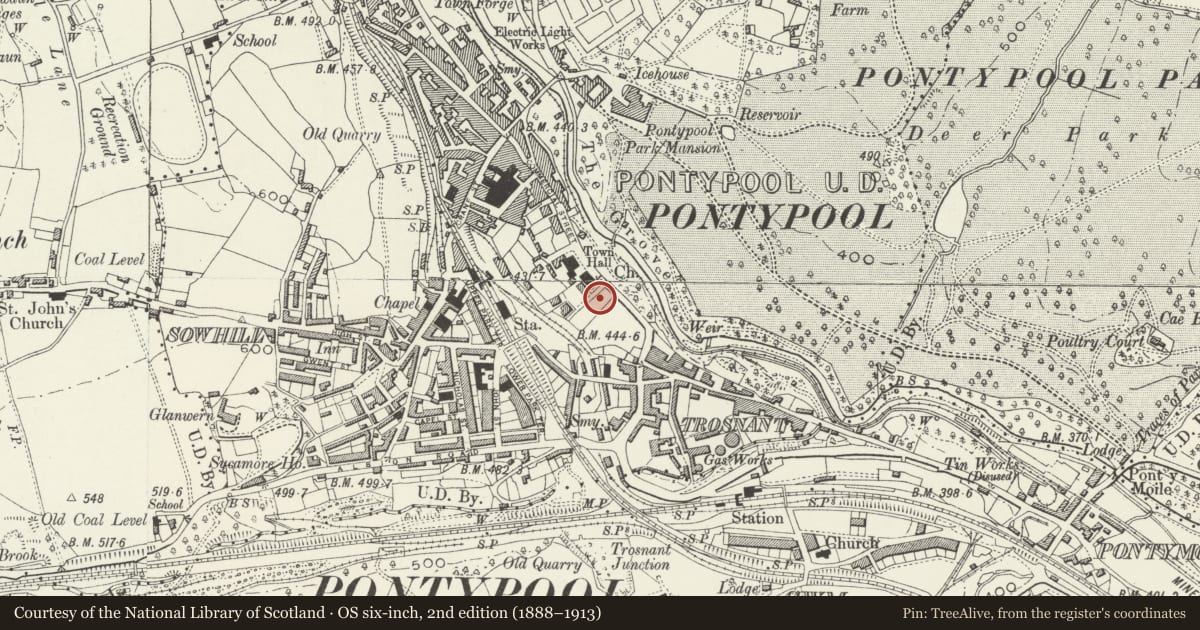 Ordnance Survey six-inch map, 2nd edition (1888–1913) covering the location of St.James's Hall, Pontymoile, Torfaen, with a pin at the register's coordinates