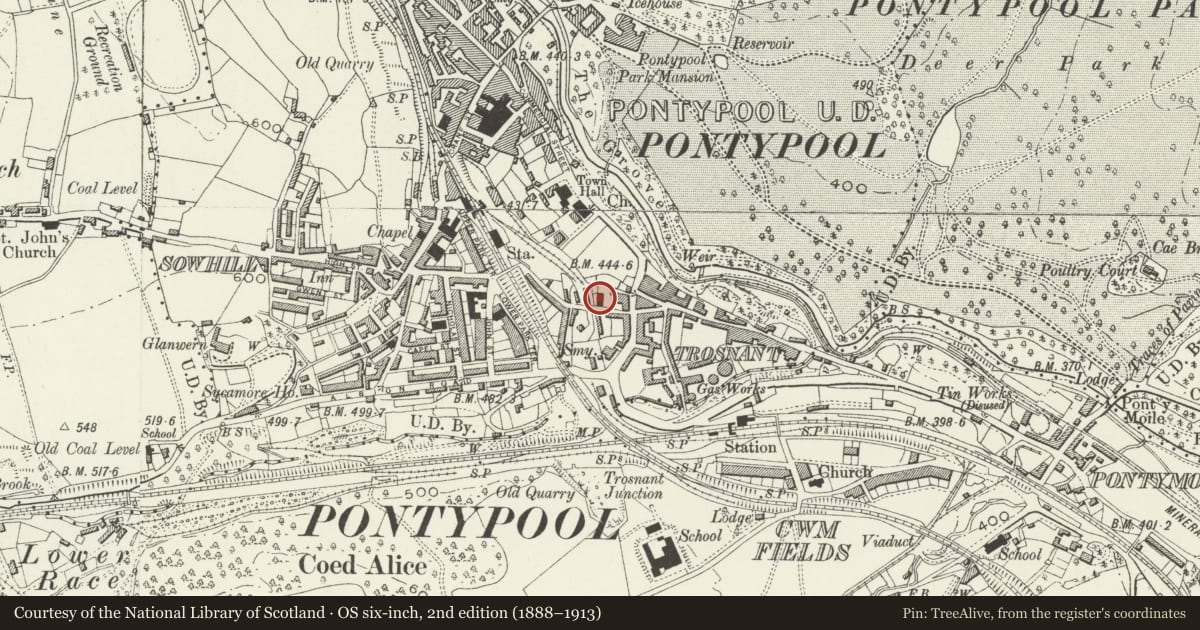 Ordnance Survey six-inch map, 2nd edition (1888–1913) covering the location of Upper Trosnant Baptist Church, Pontymoile, Torfaen, with a pin at the register's coordinates