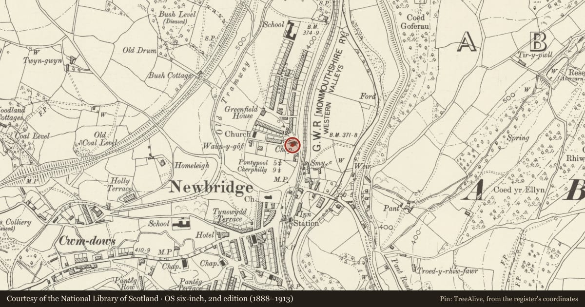 Ordnance Survey six-inch map, 2nd edition (1888–1913) covering the location of Beulah Baptist Church and attached wing and gateway, Newbridge, Caerphilly, with a pin at the register's coordinates
